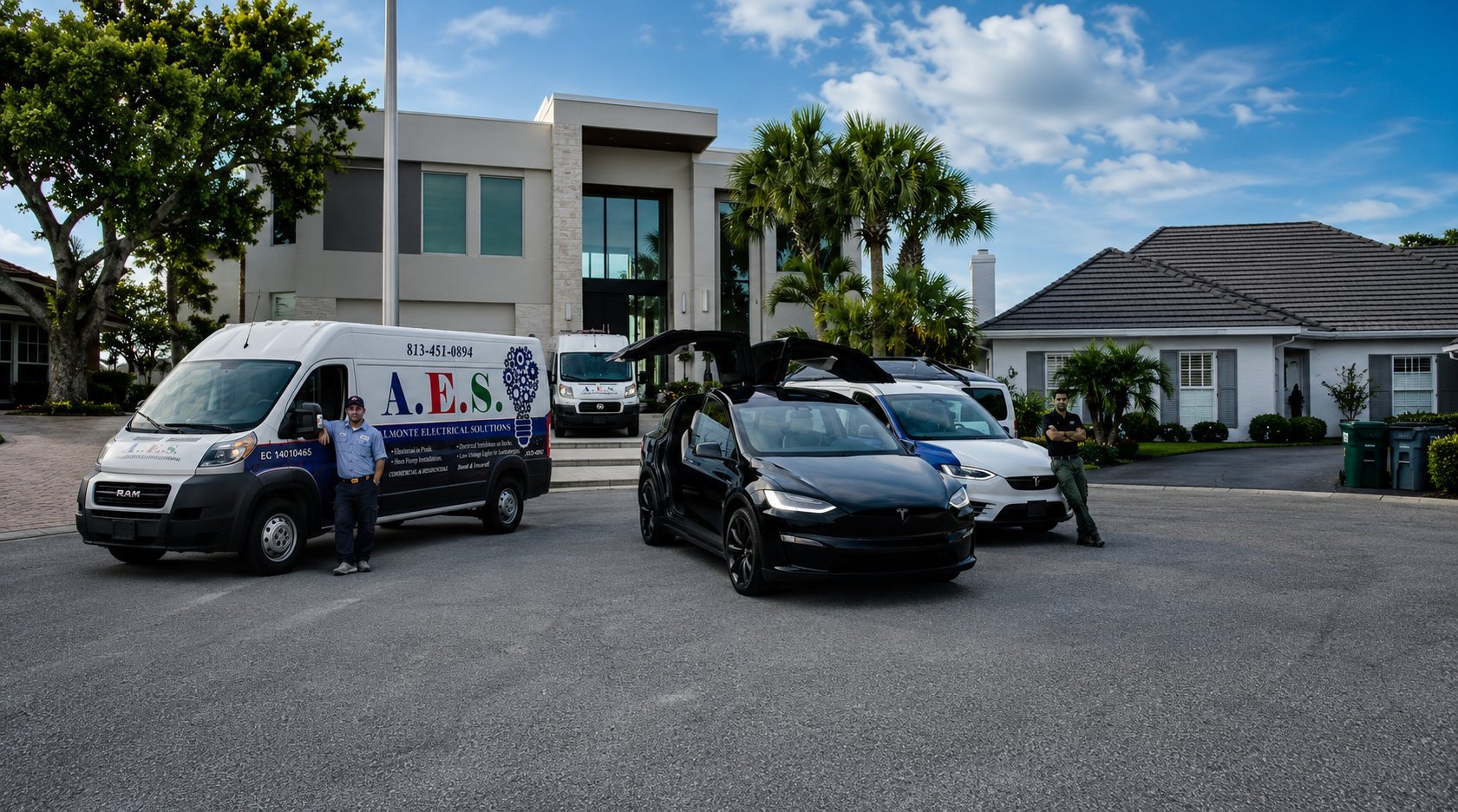 Two vehicles parked in front of a modern residential building with palm trees on a sunny day